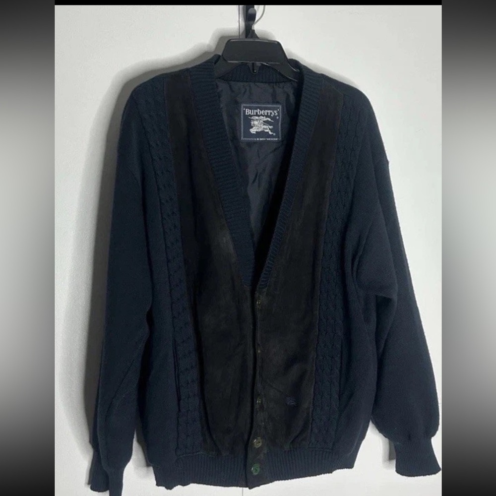 Burberry Classic Preppy Fall Winter Navy Cardigan with Suede Panels L vintage